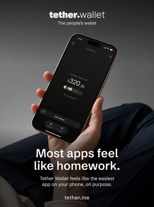 A hand holds a smartphone displaying the Tether Wallet app, showing a wallet balance of $320.25 with a "Get started" button. The dark-themed ad reads "tether.wallet — The people's wallet" at the top and "Most apps feel like homework" as the main headline, reinforcing the post's claim that Tether Wallet is intentionally designed to be the easiest app on your phone.