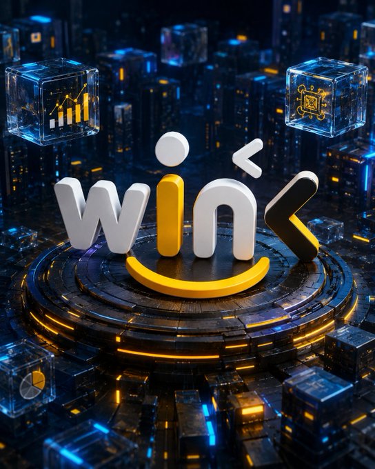 The image shows the illuminated "WINK" logo with its smile face design displayed on a glowing tech platform surrounded by floating cubes featuring a bar chart and a microchip icon, visually reinforcing the post's theme of WINkLink's versatile oracle job infrastructure that allows a single node to manage multiple data services efficiently.