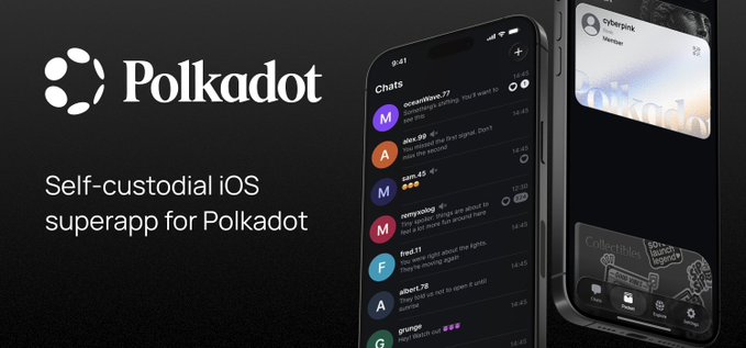 The image shows a black background with two cell phones placed side by side against this backdrop. The phone on the left has a message app open that says "Polkadot", while the phone on the right displays an app called "Self Custodial iOS superapp for Polkadot". The text in the image suggests that the app is designed to help users manage their identities and transactions securely, possibly by using a unique identifier or verification process.