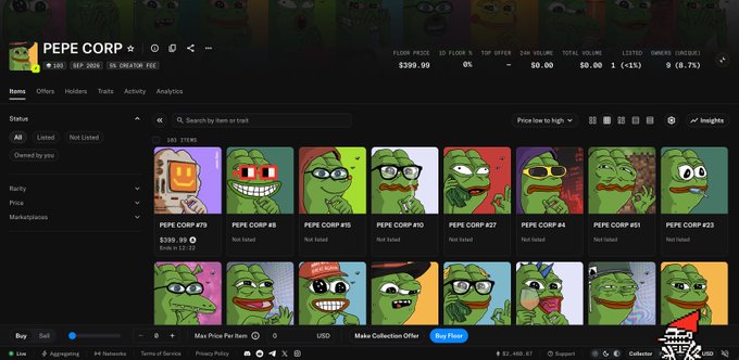A screenshot of a Magic Eden NFT marketplace page displaying various listings for the 'PEPE CORP' collection, priced in ETH.