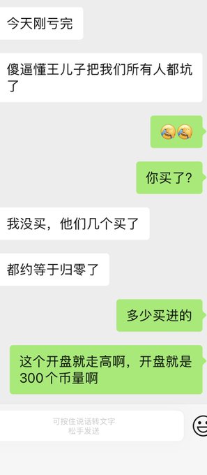 A Chinese WeChat conversation screenshot discussing a stock investment, with messages about someone named "王儿子" (Wang Erzi) scamming them, mentioning a starting price of 300 units.