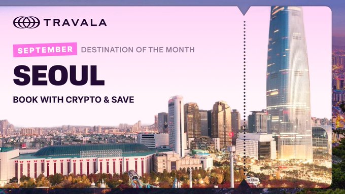 A Travala promotional banner featuring the SEOUL skyline at dusk, advertising Seoul as the September Destination of the Month and encouraging users to 'BOOK WITH CRYPTO & SAVE'.