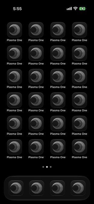 A smartphone home screen displays 32 identical "Plasma One" app icons, humorously illustrating the "maxi" dedication described in the post about a referral code "EGEGEG" for the Plasma One card.