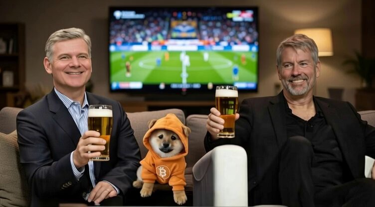 The image features two men sitting on a couch, each holding a beer glass while wearing a suit and tie. A small dog dressed in an orange sweater is also present in the scene. In the background, there's a TV screen displaying a soccer game being played by two teams. The caption of the post suggests that @saylor Michael Saylor has already joined them, indicating that they are likely celebrating or enjoying their time together watching the soccer match and drinking beer.