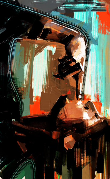 An abstract digital painting featuring geometric, fragmented forms in a palette of teal, orange, brown, and black.