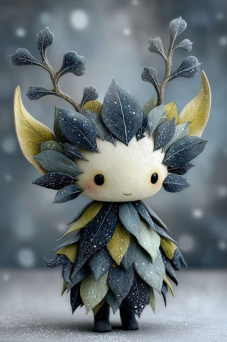 A whimsical plush figure of a small creature with antler-like branches, adorned with dark blue and yellow leaves, stands against a snowy backdrop.