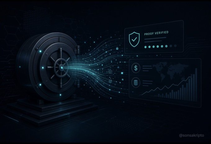A digital illustration features a bank vault on the left with streams of data flowing from it to the right, displaying digital security interfaces with a 'PROOF VERIFIED' shield icon and financial charts.