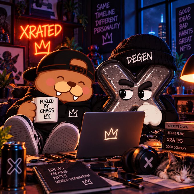 PNG image, dimensions 512x512, file size 102 KB. A 3D-rendered cartoon scene of a beaver character holding a 'FUELED BY CHAOS' mug next to a metallic 'X' character wearing a 'DEGEN' beanie, both at a laptop in a neon-lit room with 'XRATED' signage.