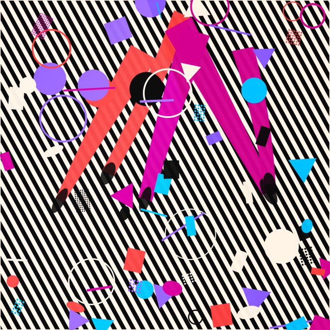 An abstract geometric collage featuring pink and red stylized figure shapes overlaid on a black and white diagonally striped background, scattered with colorful circles, squares, and triangles.