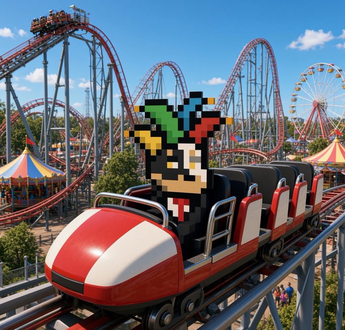A 3D rendering of a red and white roller coaster car on a track, featuring a passenger made of colorful pixel blocks, set against a background of amusement park rides.