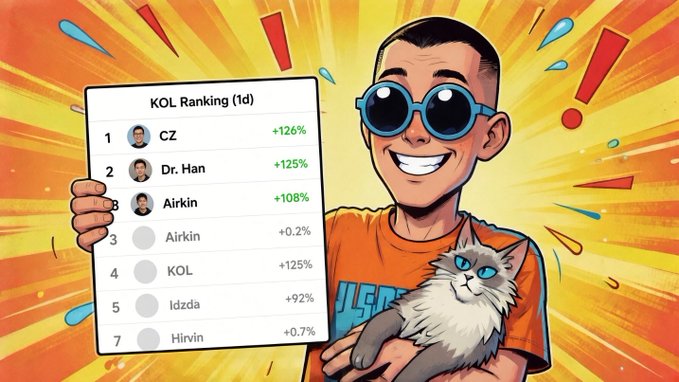 A cheerful man wearing blue sunglasses and an orange shirt holds up a "KOL Ranking (1d)" leaderboard showing top names like CZ (+126%), Dr. Han (+125%), and Airkin (+108%), while cradling a blue-eyed fluffy cat, visually celebrating the highlighted KOL sponsors—particularly @airkin_—who ranked among the top performers in the Fugui Village Exclusive Airdrop Phase 1 collaboration.