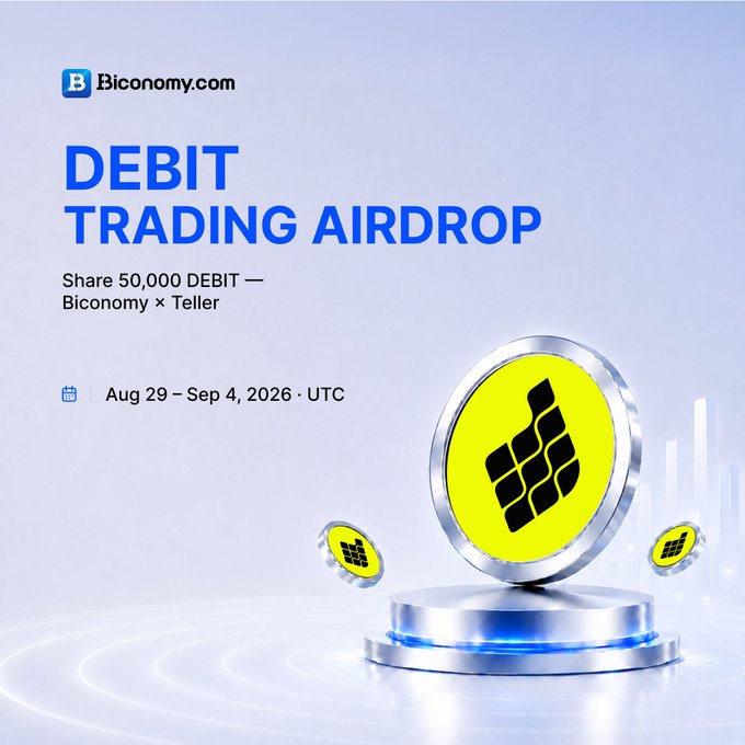 A promotional graphic for a 'DEBIT TRADING AIRDROP' by Biconomy.com sharing 50,000 DEBIT with Teller, running Aug 29 – Sep 4, 2026 UTC.