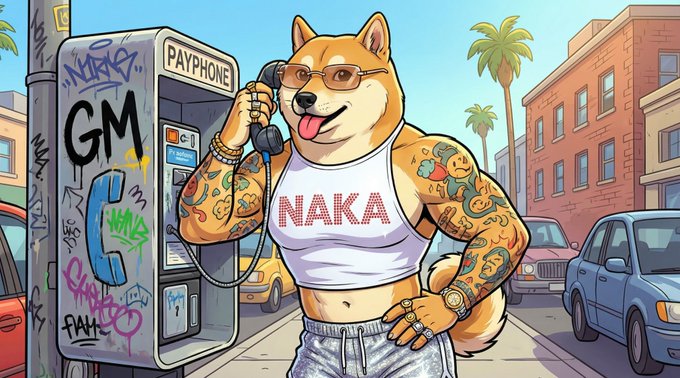A tattooed Shiba Inu wearing sunglasses, a "NAKA" tank top, and jeans makes a call from a graffiti-covered payphone on a sunny city street. The "GM" tag on the payphone matches the post's "GM FAM" greeting, reinforcing the cheerful, crypto-community vibe.