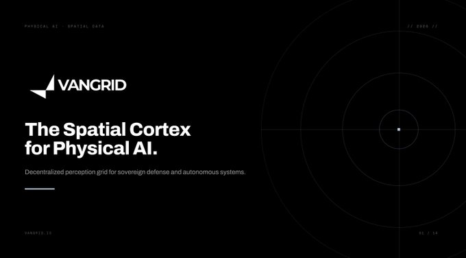 A dark, minimalist tech website for 'VANGRID' featuring the headline 'The Spatial Cortex for Physical AI.' and a tagline about decentralized perception for autonomous systems.