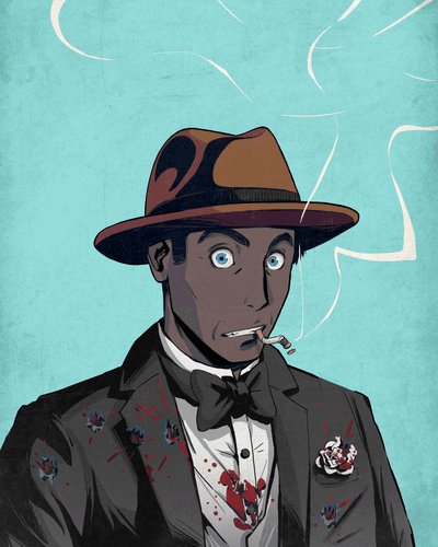 A stylized digital illustration of a man in a brown fedora and tuxedo with a bow tie, smoking a cigarette, with bullet holes and blood spatter on his clothing against a teal background.