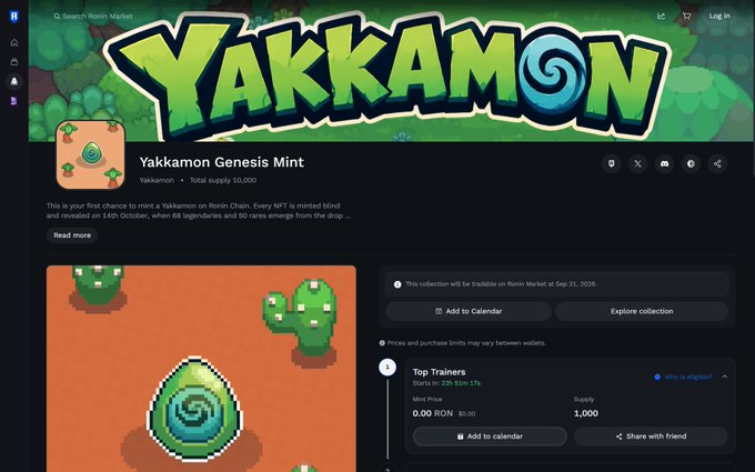 A screenshot of a Ronin Market webpage for 'Yakkamon Genesis Mint', describing an NFT collection to be tradable on Sep 21, 2026, featuring pixel art cactus characters and mint price details.