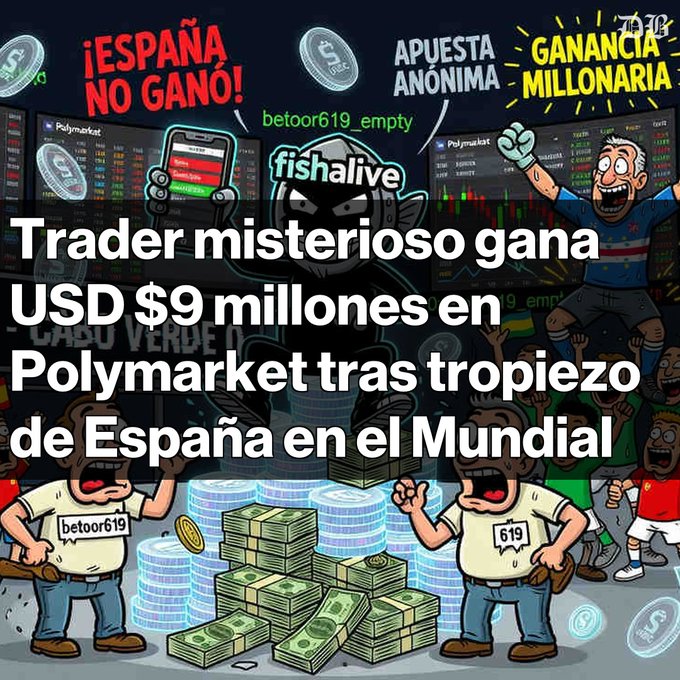 In this cartoon-style graphic, there are three cartoon characters depicting a man, a woman, and another character who appear to be angry with each other. The main action is that they are fighting over piles of money. A text box at the bottom of the image mentions the impact of trading in Polymarket on the economies of different countries, including the USA.