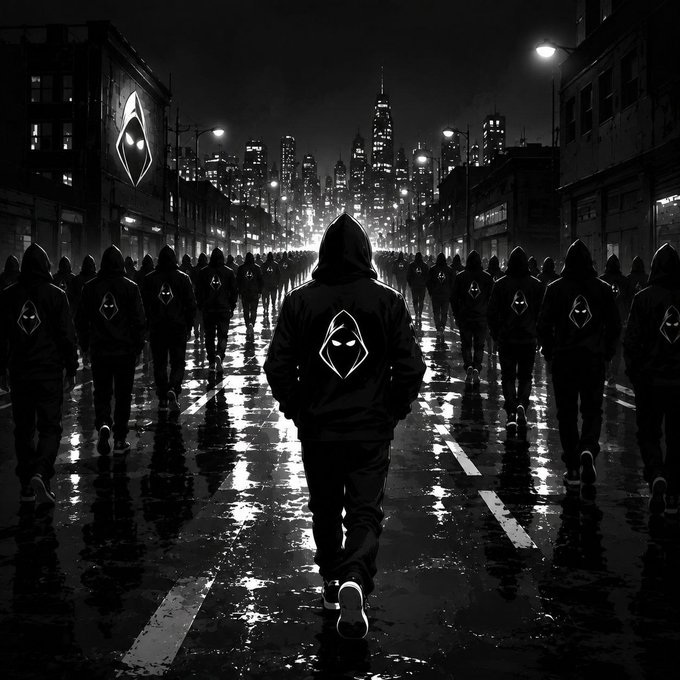 A hooded figure wearing a black hoodie emblazoned with a stylized glowing emblem walks down a rain-slicked street toward a glowing city skyline, flanked by a crowd of similarly hooded figures, mirroring the post's message of the HOOD movement gaining momentum with thousands joining its ranks across X, Telegram, and its mini app.