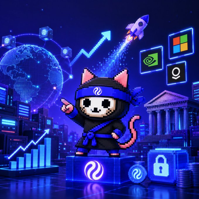 A vibrant digital illustration of a pixel-art cat dressed as a ninja in blue, standing on a pedestal with the XRP logo, surrounded by tech icons including Microsoft, NVIDIA, and a rocket ship launching upward against a city skyline backdrop.
