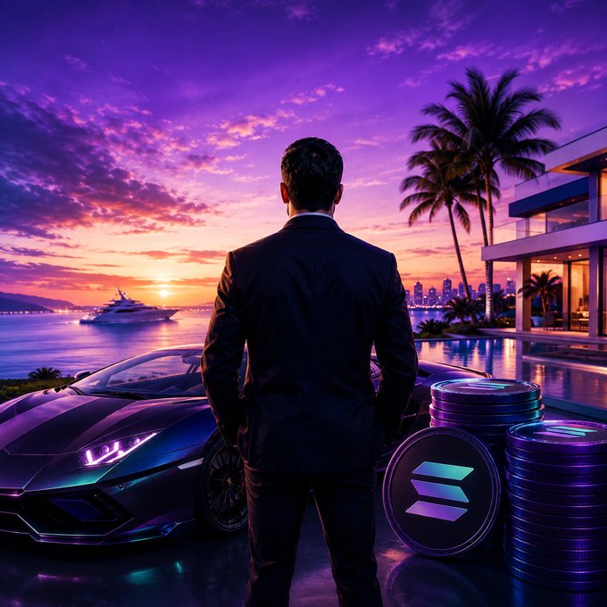 A silhouette of a wealthy man stands overlooking a sunset-lit coastal estate featuring a luxury sports car, a yacht, and stacks of Solana-branded crypto coins, symbolizing the financial success that emerging Solana projects could potentially deliver.
