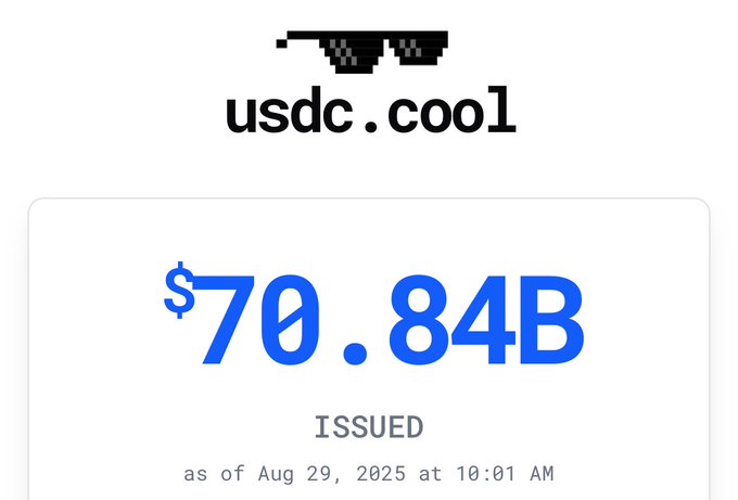 A digital display shows 'usdc.cool' with pixelated sunglasses, indicating '$70.84B ISSUED as of Aug 29, 2025 at 10:01 AM.'