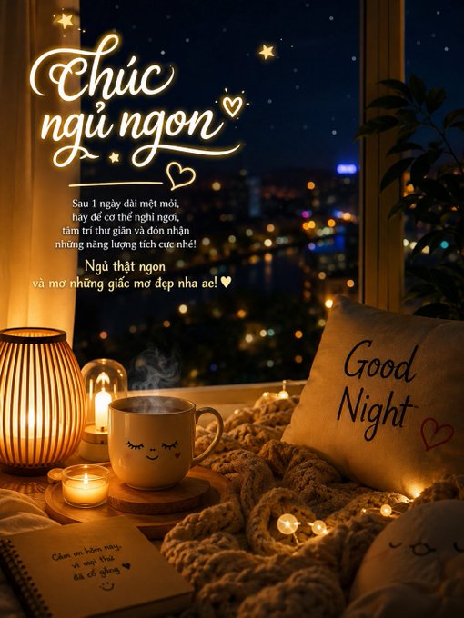 A cozy night scene featuring a steaming mug, candles, and a 'Good Night' pillow by a window, overlaid with the Vietnamese text 'Chúc ngủ ngon' and a sweet message.