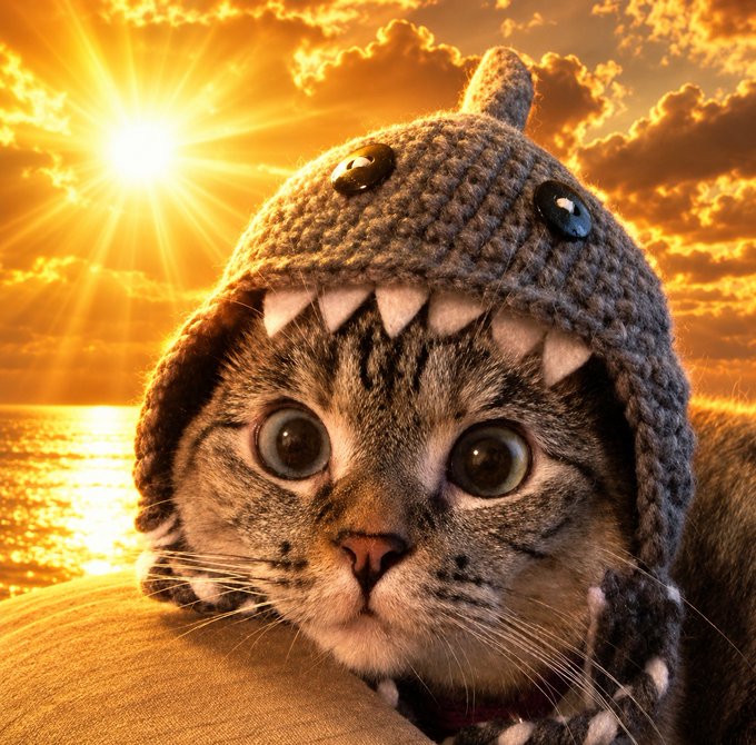 A tabby kitten wearing a crocheted gray shark hat with white teeth, set against a vibrant sunset over the ocean.