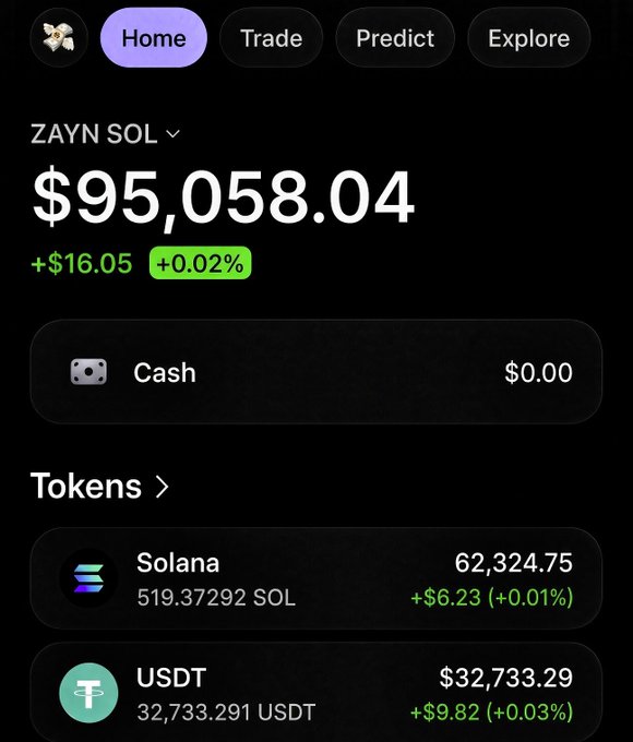 The image shows a crypto wallet portfolio worth $95,058.04, containing 519.37 SOL ($62,324.75) and 32,733 USDT ($32,733.29), highlighting a successful Solana investment that relates to the $50 SOL giveaway post by showcasing substantial returns on the token.