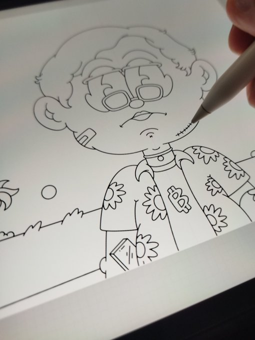 The image features a hand holding a pencil over a black and white drawing of a cartoon character. The character appears to be a man wearing glasses and has a flowery shirt, with a sad expression on his face as he looks down at the ground. The scene is set against a plain background, which emphasizes the focus on the drawing itself. The post also mentions that the artist has reached 100 characters in their work, indicating progress or completion of the project.