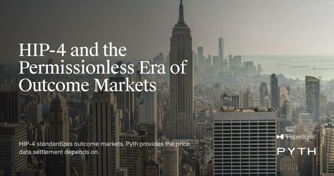 The image shows a misty New York City skyline featuring the Empire State Building and One World Trade Center, overlaid with the headline "HIP-4 and the Permissionless Era of Outcome Markets," a subtext stating "HIP-4 standardizes outcome markets. Pyth provides the price data settlement depends on," and the Hyperliquid and Pyth logos. It visually anchors the post's message by contrasting the towering, complex cityscape with the streamlined infrastructure HIP-4 and Pyth aim to bring to outcome market creation and settlement.