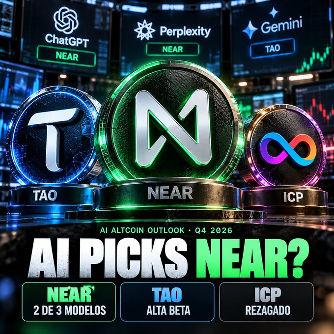 A YouTube thumbnail titled 'AI PICKS NEAR?' featuring 3D coin renderings of NEAR, TAO, and ICP cryptocurrencies, showing AI Altcoin Outlook Q4 2026 with mentions of ChatGPT, Perplexity, and Gemini models.