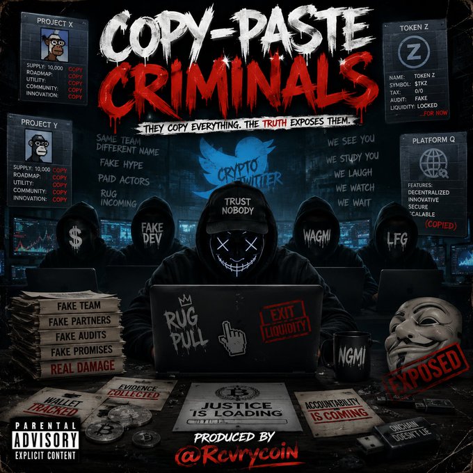 ersi's "Copy-paste Criminals" album cover features a dark blue background, a black and white illustration of a gang member with the word "COPY PASTE" above his head, and five other gang members with masks and bags over their shoulders.
