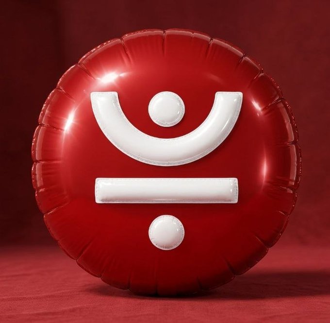 A glossy red circular balloon-like object with a white geometric smiley face design (resembling an arc, line, and two dots) sits against a matching red background.