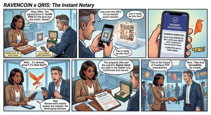 The image features a comic strip with various panels depicting people engaged in different activities, such as sitting at a table or standing near one another. The main focus of the image is a man holding up his phone, which has a QR code on it. This QR code appears to be related to real estate transactions and could possibly be an advertisement for a real estate company like Avoncoin.