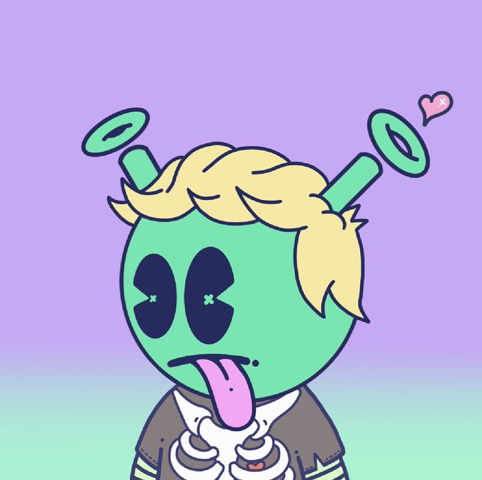 An illustration of a cartoon character with a green alien-like head, blonde hair, and a skeleton shirt, making a silly face with its tongue sticking out against a purple background.