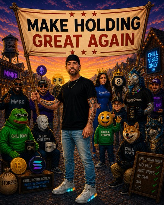 Promotional poster reading 'MAKE HOLDING GREAT AGAIN' featuring a central man holding a flag, surrounded by crypto meme characters (Pepe-style frog, Doge, etc.) and tokens including 'CHILL TOWN' and 'CHILL TOWN TOKEN', with 'Chill Town Rules: No FUD, Just Vibes, WAGMI, GM, LFG' listed.