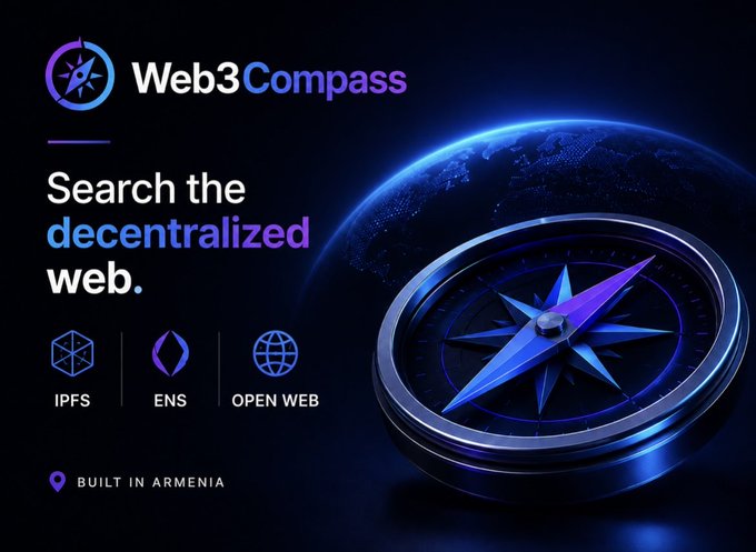 The image features an open web compass with a blue needle pointing towards the earth. The background of the image is dark blue, which contrasts with the bright colors of the compass. Below the compass, there are three icons representing different aspects of the open web infrastructure - IPFS, ENS, and sol domains. These icons indicate that the Web3 Compass project in Armenia is focused on building search infrastructure for the open web. The image also includes text that reads "Web3 Compass" and "Search the decentralized web."