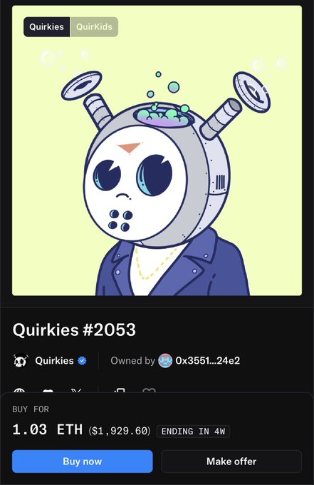 This image shows "Quirkies #2053," an NFT featuring a character with a hockey mask, listed for sale at 1.03 ETH. The post advertises this as a "MAJOR SNIPE ALERT" and highlights the hockey mask theme, aligning with the image.