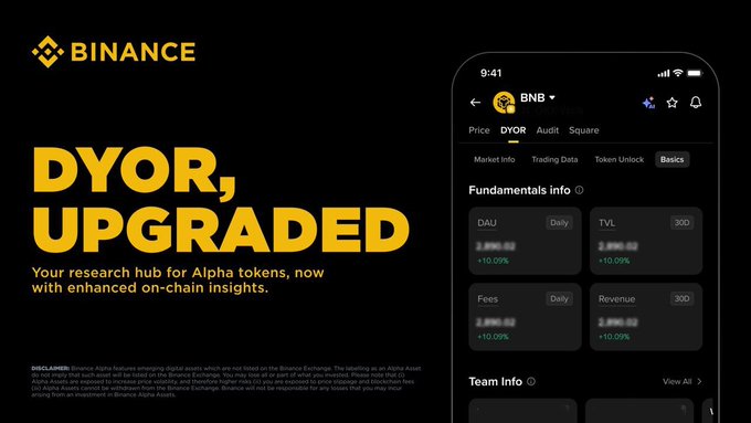 A Binance promotional graphic with yellow text reading 'DYOR, UPGRADED Your research hub for Alpha tokens, now with enhanced on-chain insights.', showing a mobile app interface displaying BNB token fundamentals.
