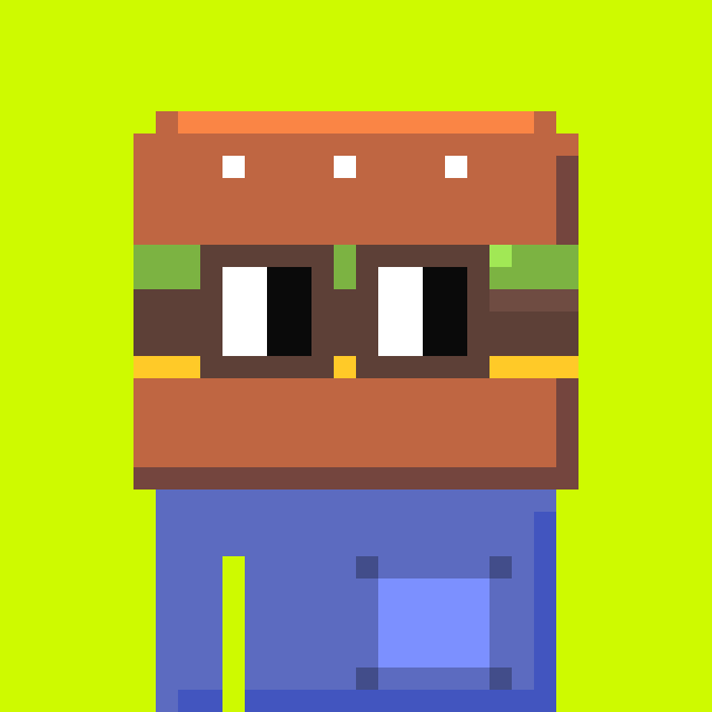 Pixel art character with a large brown hamburger-shaped head, white eyes, and a blue body stands against a green background.