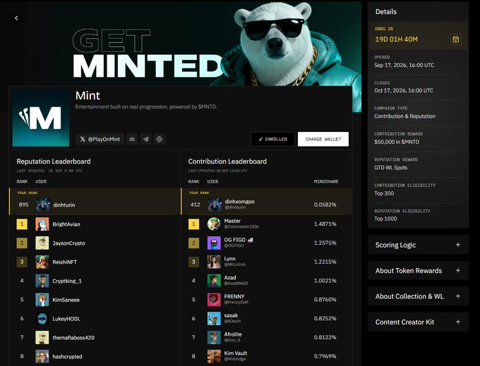 A NFT/crypto dashboard titled 'GET MINTED' featuring a polar bear mascot wearing sunglasses and a gold chain, with leaderboards for Reputation and Contribution rankings, and details for an airdrop ending in '190D 01H 40M'.