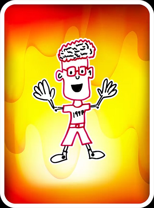 A crudely drawn cartoon figure with curly hair, glasses, and a "1997" shirt stands with arms outstretched against a fiery red and yellow background, referencing Gary Vaynerchuk (born 1975, though labeled 1997) of VeeFriends, with whom the poster is frustrated.