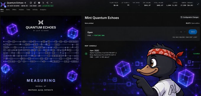 A Quantum Echoes web interface showing a 'Mint Quantum Echoes' page with an 'Open Mint' button, displaying a cartoon bird mascot with a red bandana and text including 'MEASURING' and 'QUANTUM ECHOES BY QUIP NETWORK'.