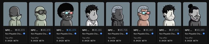 The image features an array of cartoon characters, including nine men depicted wearing glasses with varying hair colors and styles. In addition, there are three women portrayed in similar fashion. The scene appears to be a collage of characters from different series or types. Above this lively collection is text that reads "Swept Some NPCs This weekend I was AFK during the mint at ... I slept on them when my boy @Hemdawg swept 150 and shilled them to me at ... I have a feeling @npconchain is just getting started". The image is visually appealing, with colors complementing one another.