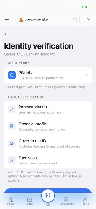 The image shows the "Identity verification" page on openpay.space/kyc within the Pi Browser, featuring a "PiVerify" quick option and manual verification steps including Personal details, Financial profile, Government ID, and Face scan. It relates to the developer's point about minimizing KYC friction for users, contrasting Pi's built-in verification with a third-party finance app's additional verification requirements.