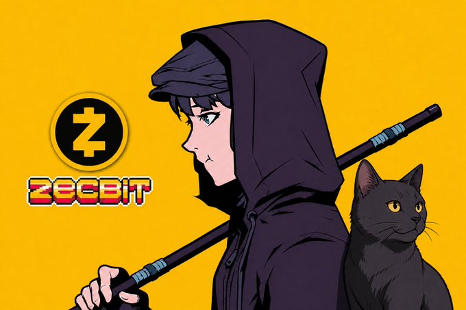 An anime-style illustration of a hooded character with blue eyes holding a staff, accompanied by a black cat, alongside the ZECBIT logo and a Z-cryptocurrency symbol on a yellow background.