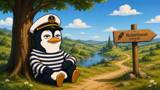 An illustration of a penguin wearing a sailor hat and striped shirt sitting under a tree next to a wooden sign reading 'Robinhood CHAIN'.