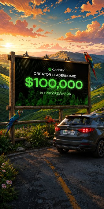 A Canopy 'Creator Leaderboard' promotional image offering $100,000 in CNPY rewards, displayed on a billboard with a scenic mountain landscape, parrots, and a car on a road.