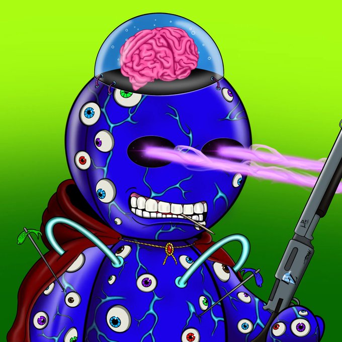 A digital illustration depicts a purple alien-like figure with a transparent dome head showing a pink brain, multiple eyeballs on its body, shooting pink laser beams from its eyes, and holding a futuristic gun against a green background.