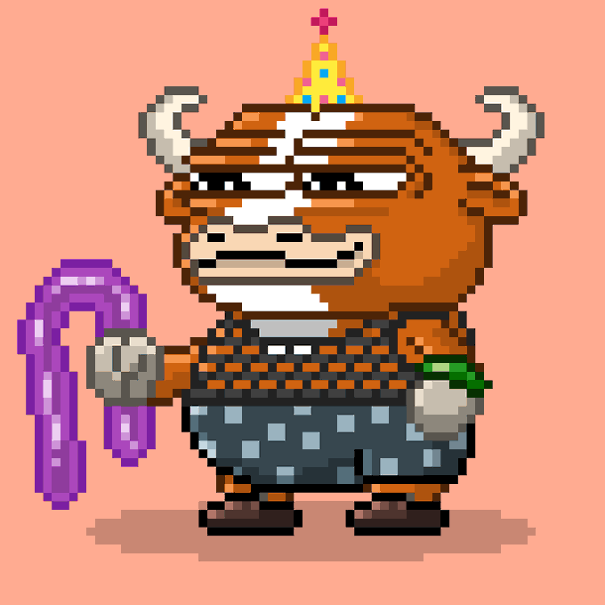A pixel art illustration of a brown minotaur character with white horns, wearing a yellow crown, chainmail, and a skirt, holding purple ropes against a peach background.